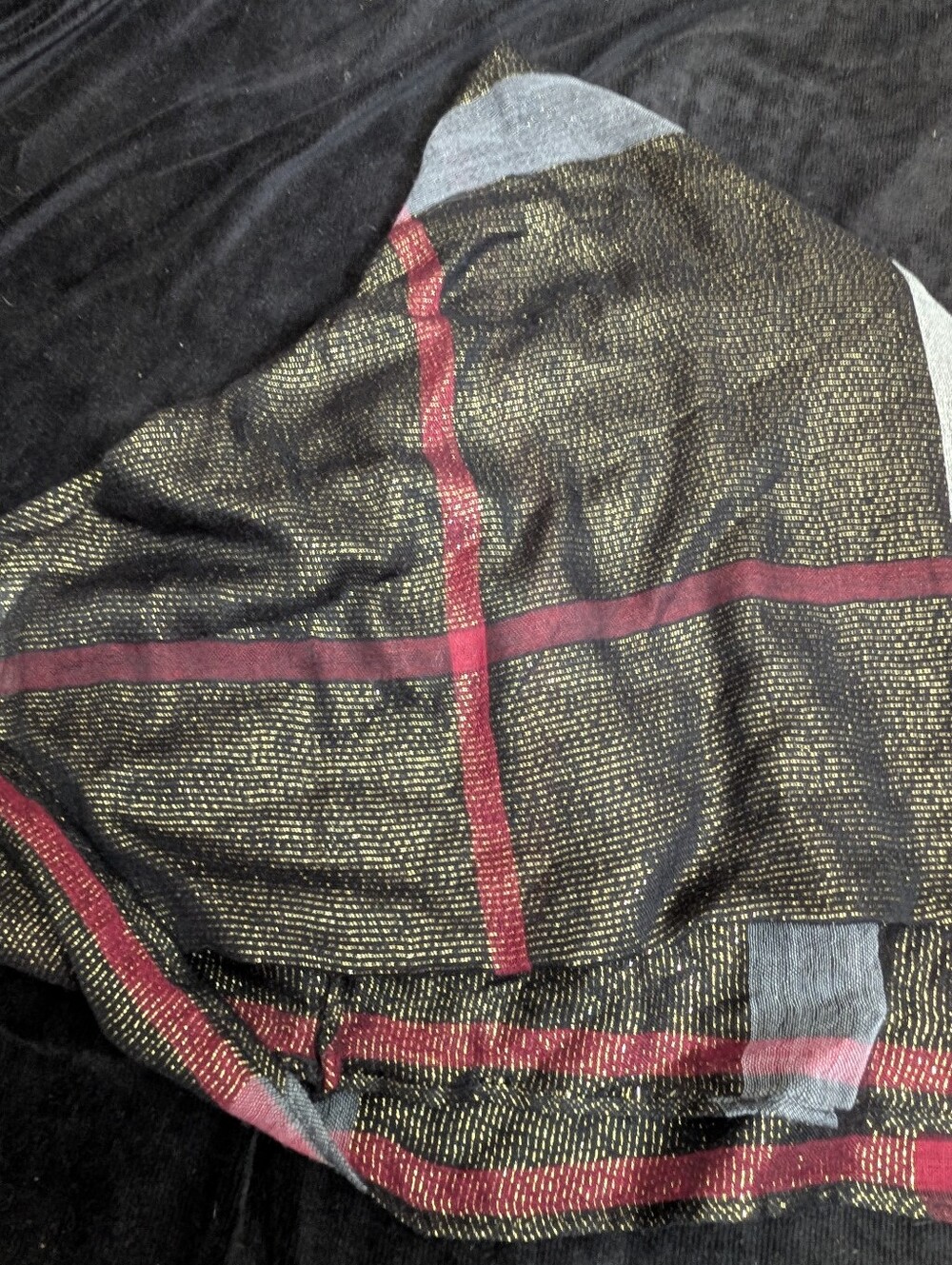 Woman's Black Metallic Plaid Scarf with Red Accent
